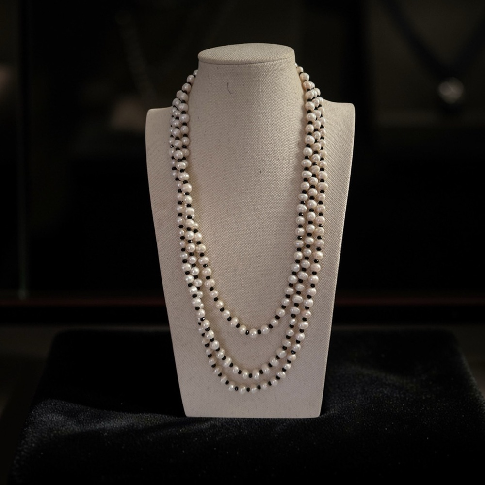 Carolee Classic White Pearl Long Necklace with Black Rhinestones